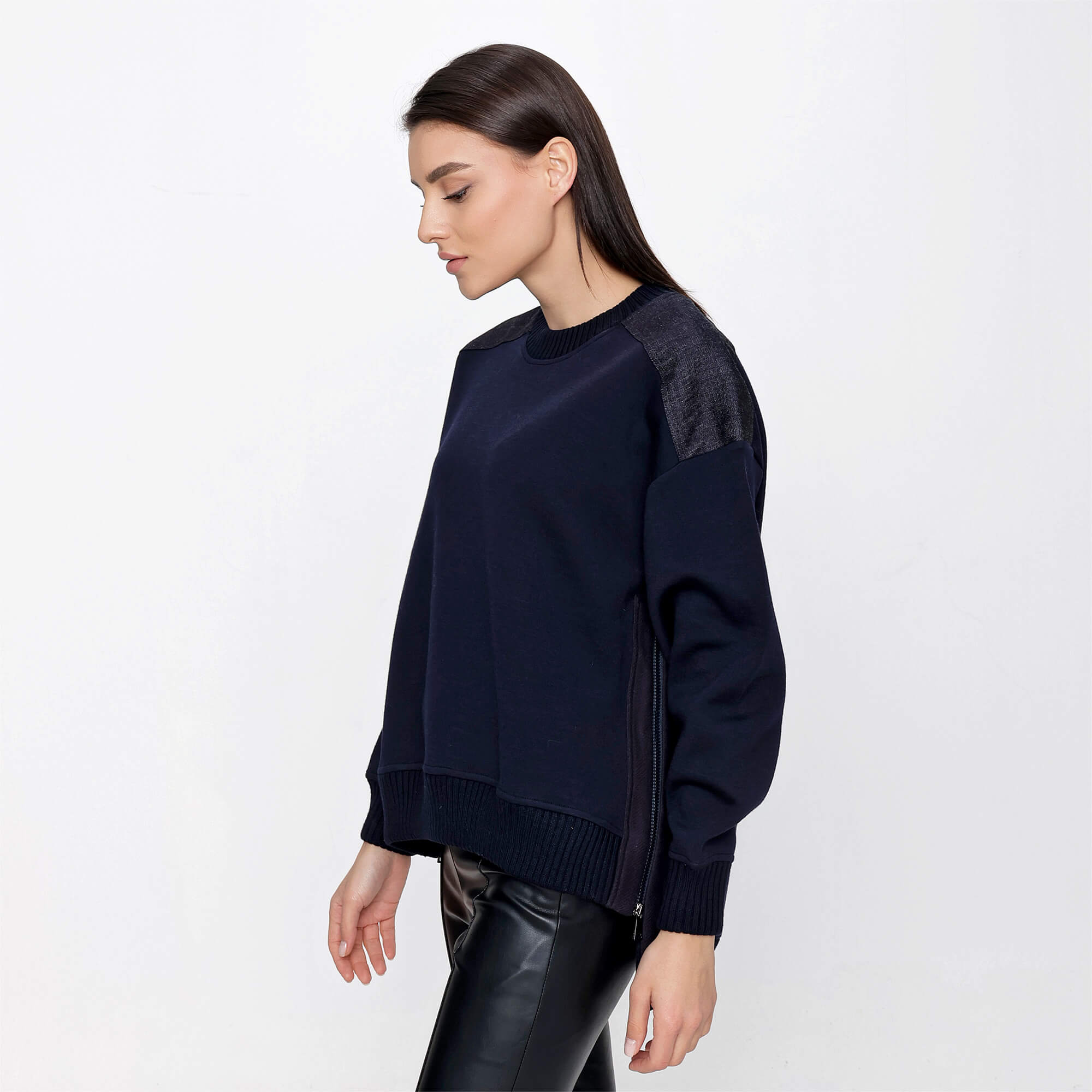 Moncler - Navy Wool Blend Zipped Sides Asymmetric Cut Maglia Girocollo Sweater